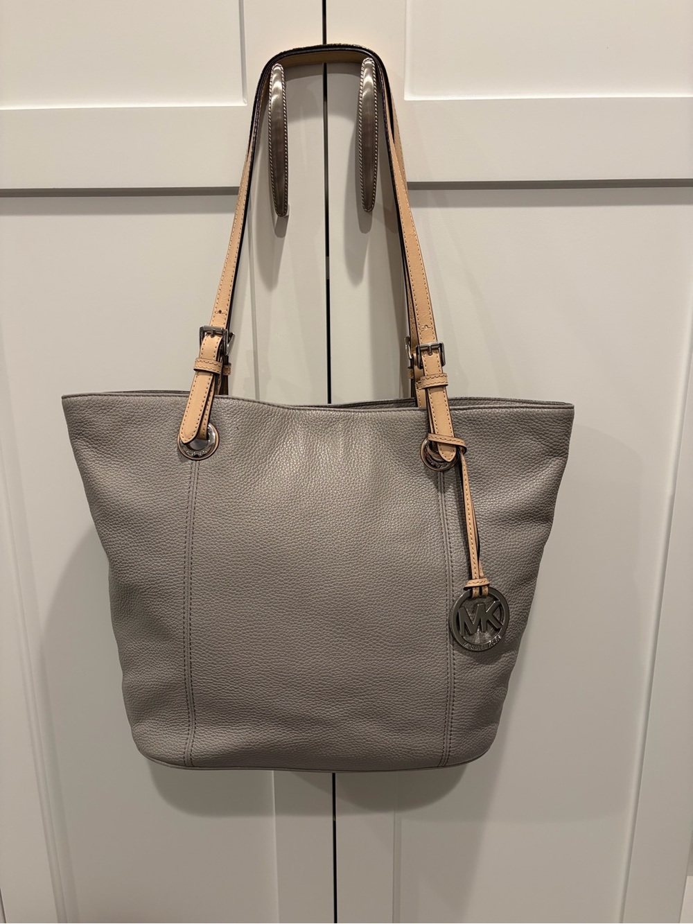 Michael Kors Gray Pebbled Leather Tote with Tan Straps